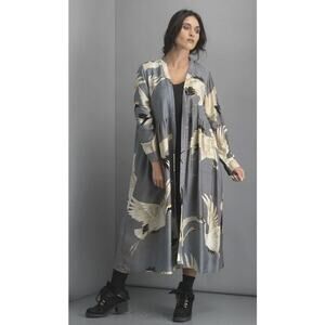 One Hundred Stars Duster Coat Kimono Jacket Stork Crane in Gray OS NWT $250